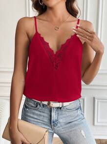 SHEIN Frenchy Camiseta De Tirantes Decorada Con Encaje Con Borde De Filo De Encaje Adornado Con Redes De Bordado