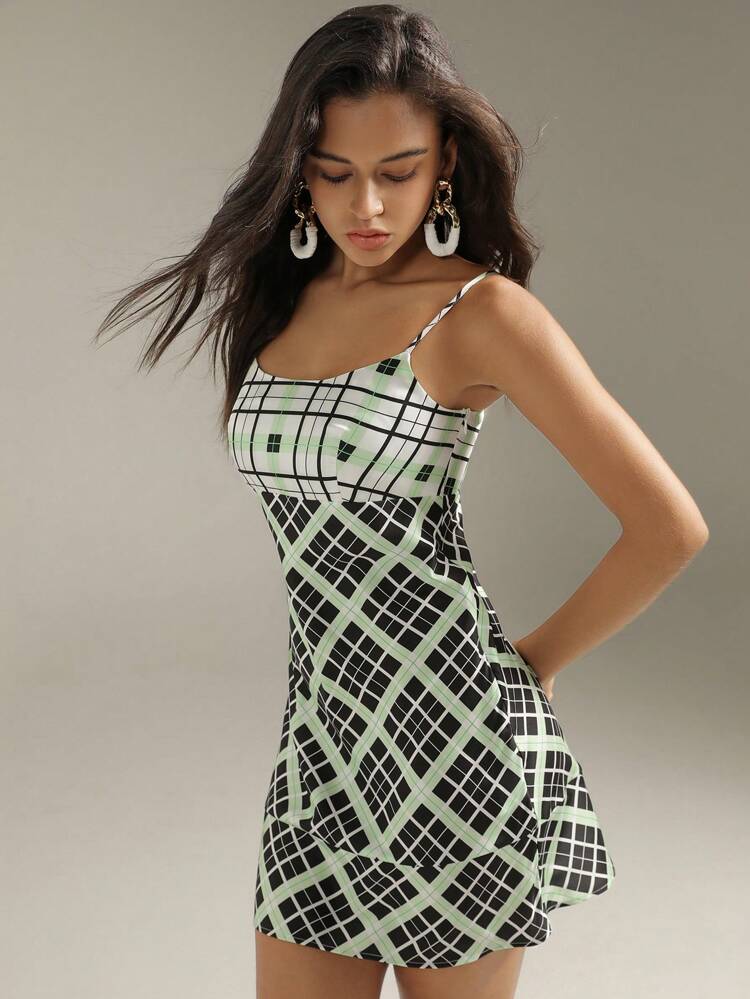 Geometric Print Spaghetti Strap Dress With Round Neckline And Ruffled Hemline