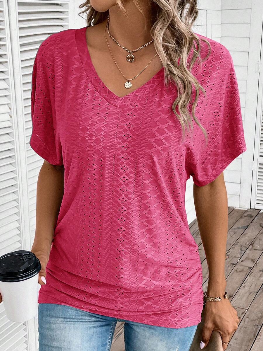 SHEIN LUNE Của phụ nữ Màu thuần Xu hướng: Cắt giảm Chi tiết thêu tay cánh Áo thun - Màu Hồng Tươi - Xem 1