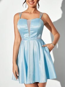 SHEIN Belle Exquisite And Romantic Glitter-Embellished Cami Dress With Crossed Back Straps, Pockets And Perfect For Cocktail Parties - Baby Blue - View 1