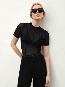 BizChic 網紗圓領修身短袖上衣 - 黑色 - 查看 4