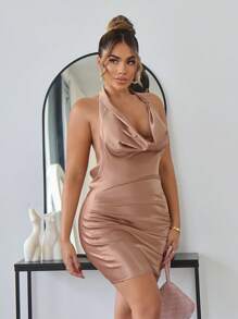 SHEIN SXY Party Champagne-Colored Short Elegant Ladies Dress With Satin Draped Neckline And Halter Design - Dusty Pink - View 4