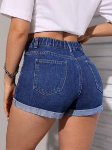 SHEIN PETITE 彈性腰綁口翻邊牛仔短褲 - 深色水洗藍 - 查看 2