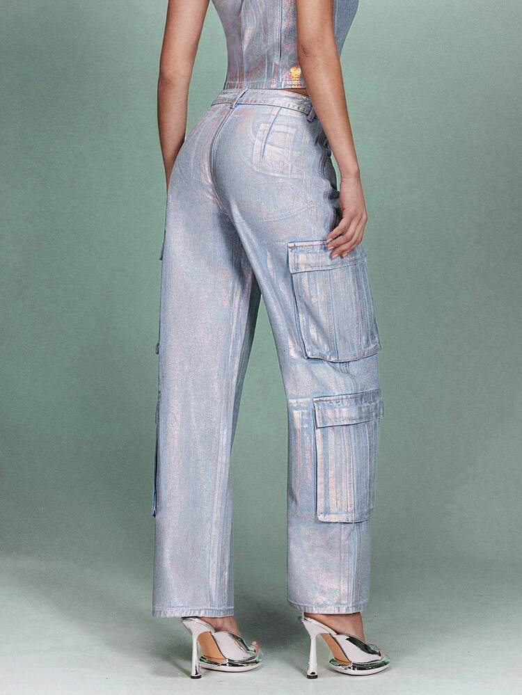 Metallic Cargo Pocket Details Loose Party Women's Denim Wide Leg Pants&Spring Outfits&Festival Outfits&Summer Bottoms&Denim Overalls&Concert Outfits&Music Festival