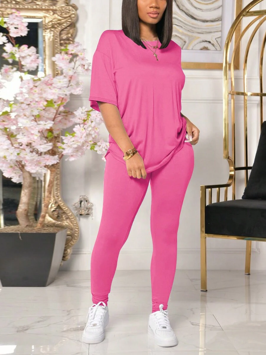 2pcs/Set Summer Solid Color Loose Short Sleeve Top And Skinny Long Pants - Pink - View 1