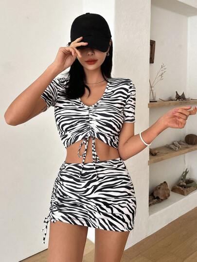 DAZY Women's Drawstring Zebra Stripe Short Sleeve Tankini Set With Swim Skirt For Summer Beach Vacation