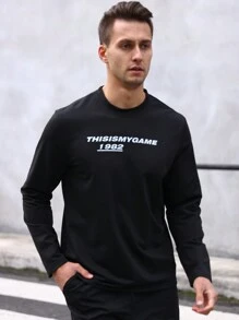 Manfinity Running Boyfriend Style Men's Casual Round Neck Sweatshirt With Letter Print Boyfriend Style Men Sweatshirt - Black - View 4