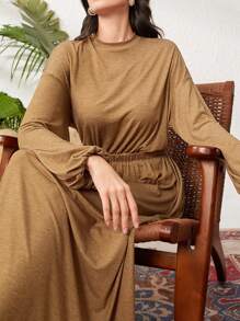 Seusyu Vestido De Cintura Estilo Árabe De Manga Farol Para Mujer - Marrón - Ver 2