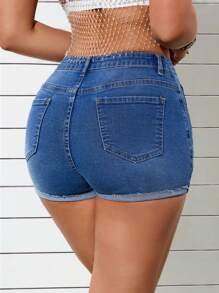 SHEIN EZwear Cán Hem Thon gọn Mini Quần short Denim - Rửa trung bình - Xem 2