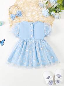 SHEIN Newborn Baby Girl's Fashionable Elegant Silver Foiled Snowflake Tulle Splicing Bubble Sleeve Dress - Blue - View 2