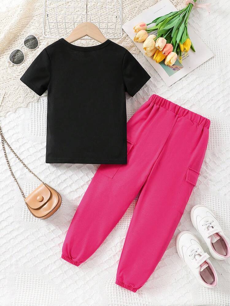 Young Girl Two-Piece Set, Cute Face Printed T-Shirt And Jumpsuit For Summer