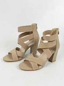 Beige Ladies' High Block Heel Elastic Band Crisscross Back Zipper Roman Sandals