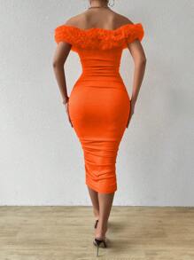 Chiquease 女士修身短袖露肩連衣裙,襯衫細節和對比色塊 - 橘色 - 查看 2