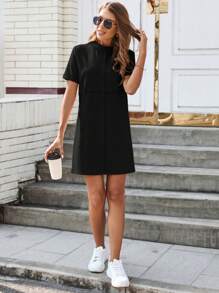 SHEIN LUNE 女士夏季立領拼接休閒舒適連衣裙 - 黑色 - 查看 4