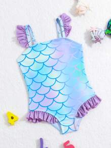 SHEIN Baby Girl One-Piece Swimsuit With Fish Scale Print And Ruffle Hem - Multicolor - View 2