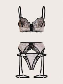 花卉刺繡網紗鋼圈吊帶襪內衣套裝