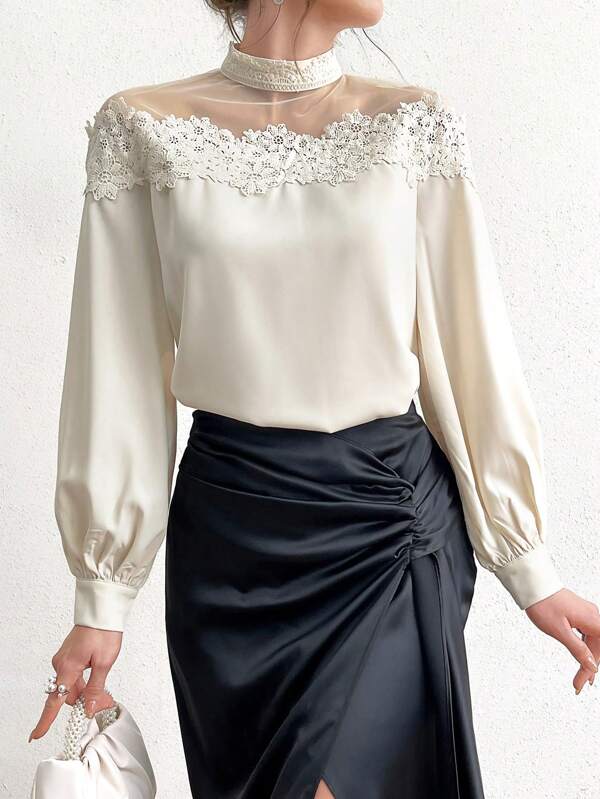 Modelyn Contrast Mesh Soluble Lace Casual Long Sleeve Shirt