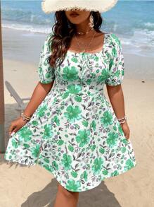 Breezaya Plus Size Floral Printed Square Neck Puff Sleeve Bubble Hem Dress