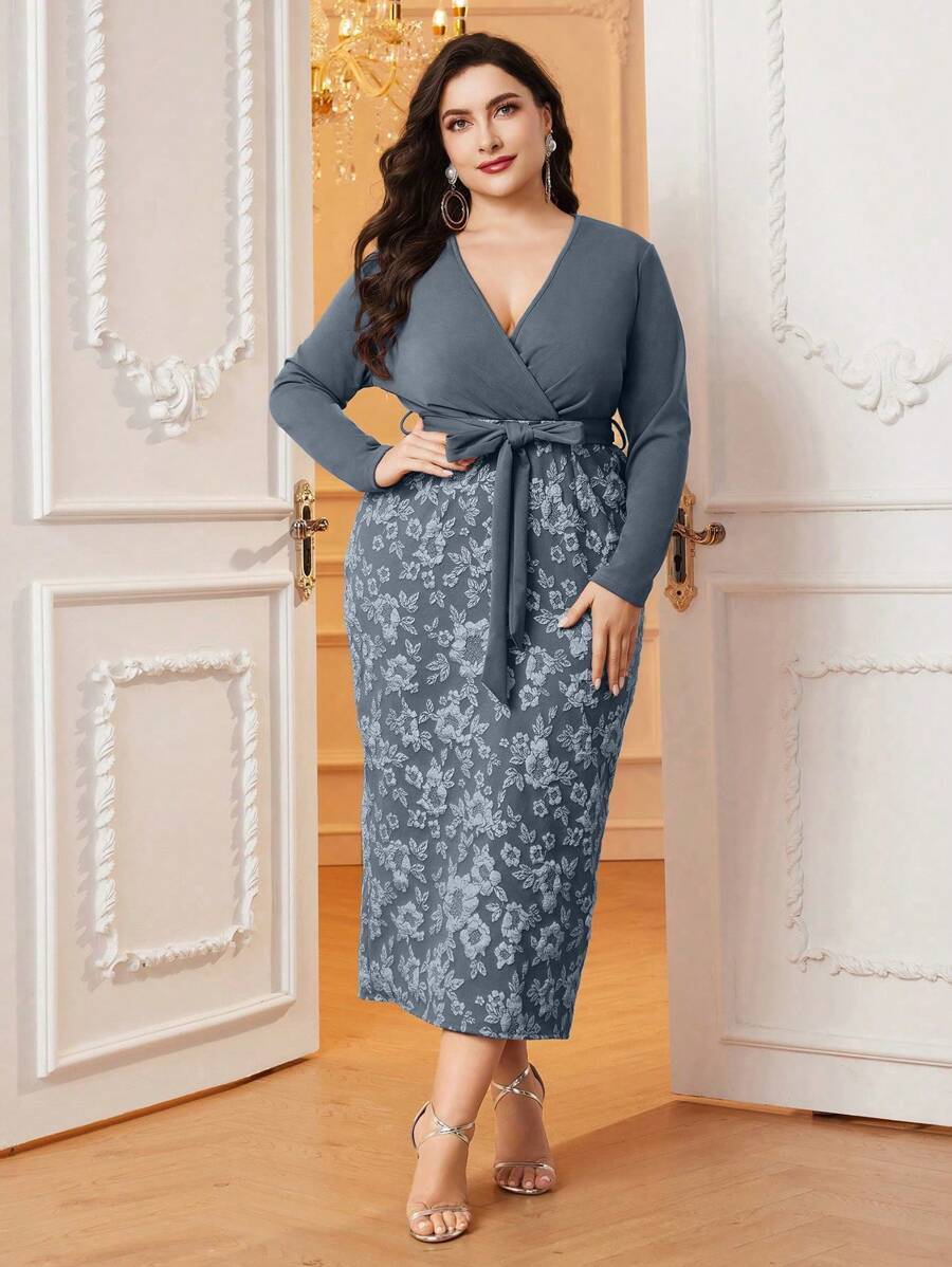 Modelyn Kích thước lớn Hoa Quấn chéo Tay áo dài Đầm Midi - Xám - Xem 1