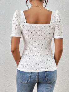 Chiquease Hollow Out Embroidery Decor Scrunch Neck T-Shirt - White - View 2