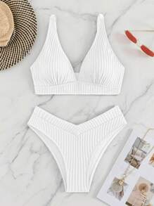 Swim Chiccia Summer Beach Women's Solid Textured Bikini Set - White - View 2