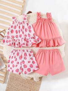SHEIN 4pcs/Set Adorable Knitted Soft Strawberry Patterned Top & Shorts With Solid Ruffle Trimmed Camisole And Home Wear For Baby Girls - Dusty Pink - View 2