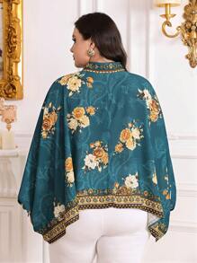Mulvari Plus Size Floral Print Button Front Batwing Sleeve Shirt