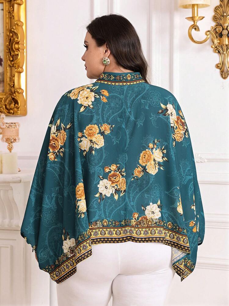 Plus Size Floral Print Button Front Batwing Sleeve Shirt