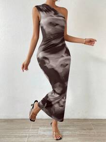 SHEIN Privé Vestido Semi-formal De Moda Para Mujeres Con Corte Aleatorio Y Estampado De Tinta - Gris - Ver 3