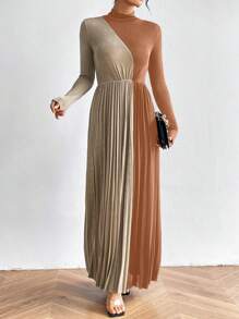 SHEIN Privé Color Block Pleated Mock Neck Long Sleeve Dress With Slit - Orange - View 5