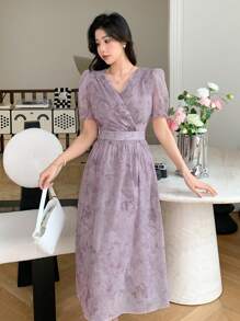 DAZY Của phụ nữ In hoa Cổ chữ V Ngắn tay Đầm - Màu tím - Xem 3