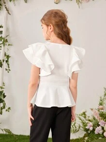 SHEIN Tween Girl Elegant And Stylish Round Neck Plain T-Shirt With Pleated Ruffle Hem Detail - White - View 2