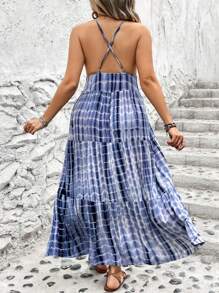 Breezaya Vestido de talla grande con espalda cruzada y cuello halter teñido con técnica tie-dye - Azul - Ver 2