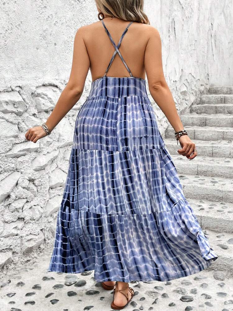 Plus Size Tie-Dye Cross Back Halter Neck Dress