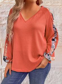 SHEIN LUNE Plus Paisley Print Raglan Sleeve Waffle Knit Tee Graphic Tees Women Tops - Orange - View 3