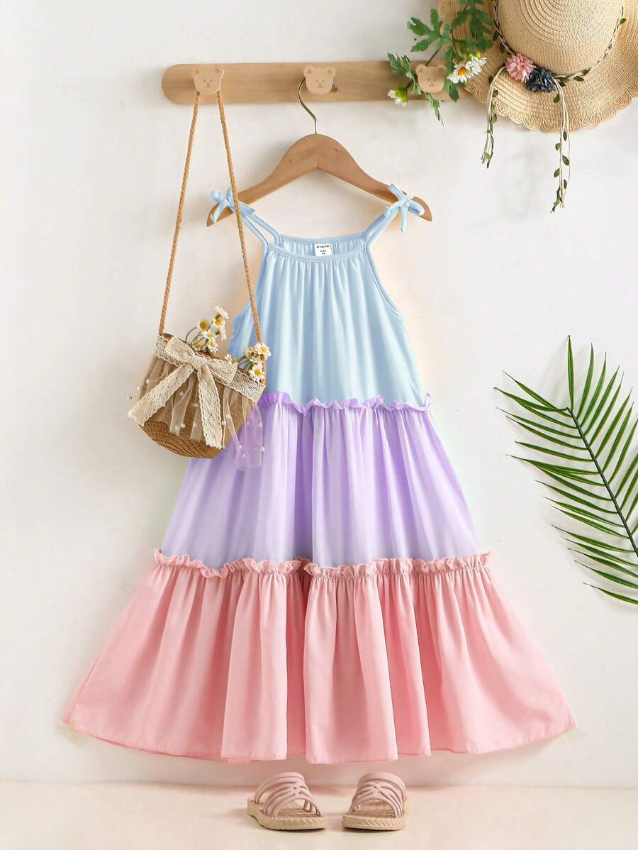 SHEIN 年輕女孩拼色連衣裙，有荷葉邊和細肩帶 - 彩色 - 查看 1