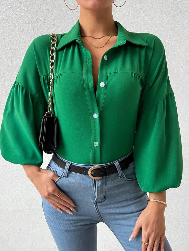 Solid Color Button Down Lantern Sleeve Shirt