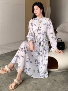 DAZY 蝴蝶印花柔軟風格長袖連衣裙 - 黑色 - 查看 5