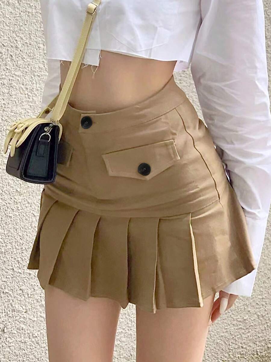 SHEIN Unity 女士拼接褶皺裙擺裙 - 棕色 - 查看 1