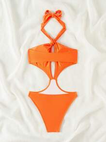 Swim SXY Solid Color Halter Neck Cut Out One-Piece Swimsuit Bathing Suit For Swimming, Vacation, Summer Beach - Orange - View 6