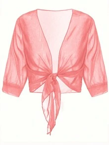 雪纺系带纯色衬衫，夏季度假罩衫，沙滩罩衫，轻薄短款披肩上衣，春季休闲罩衫 - 西瓜粉 - 查看 3