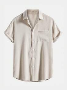 ROMWE MEN Prep Men Curved Hem Pocket Patched Shirt, School - Beige - View 1