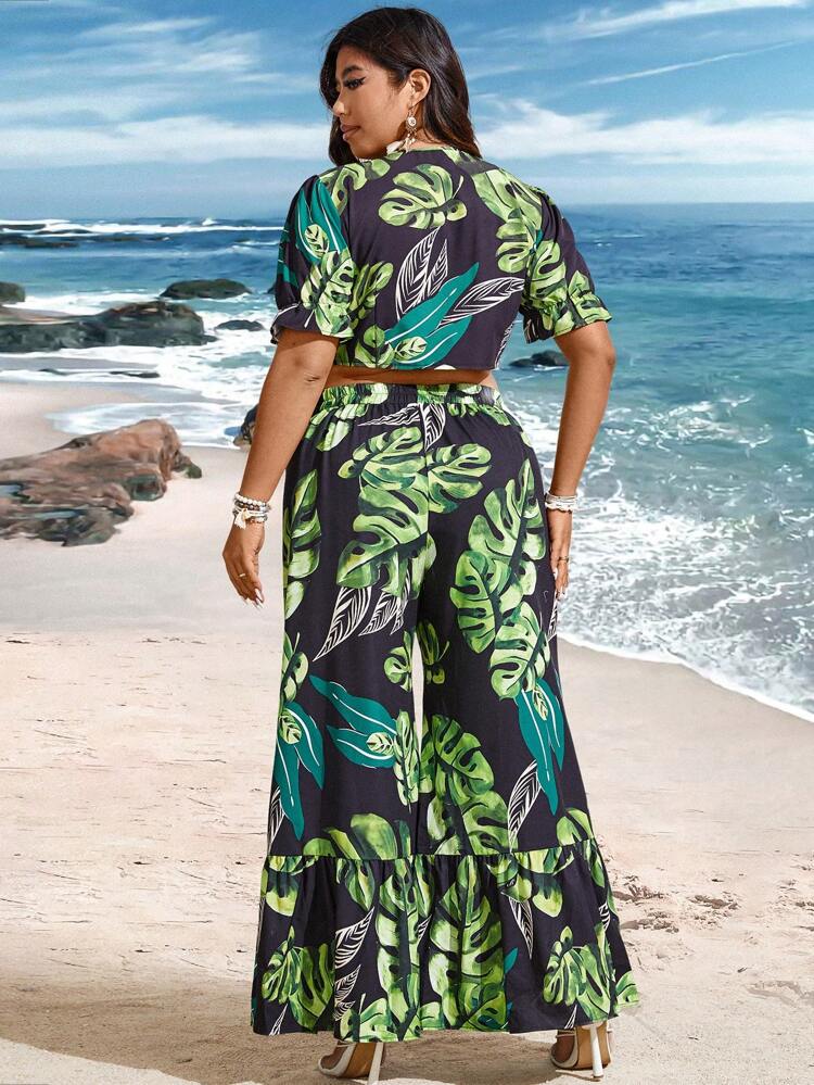 Plus Size Women's Botanical Print Shirt And Wide Leg Pants Two Pieces Set