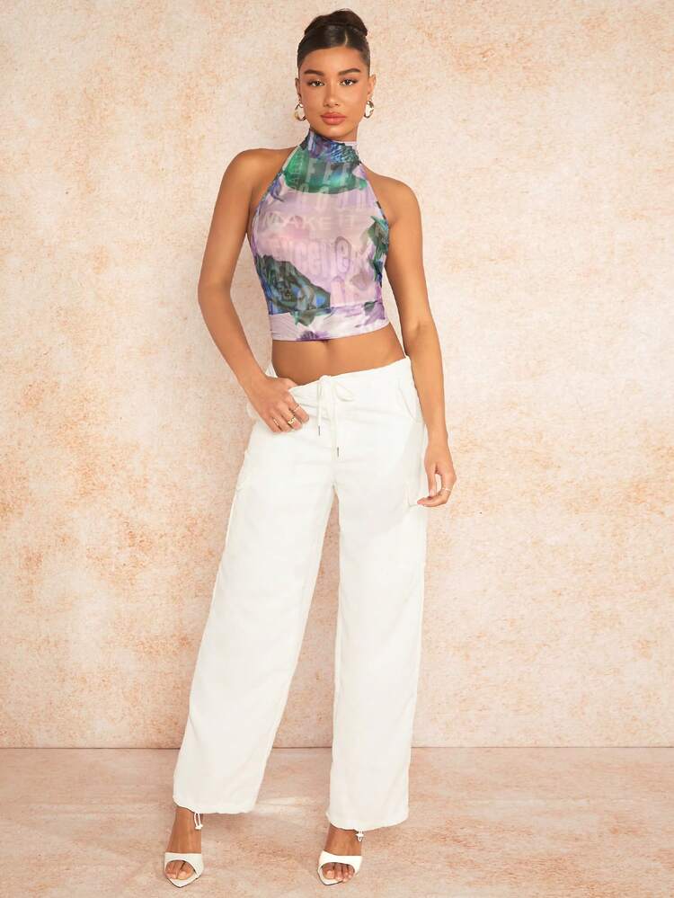 Vintage Distressed Print Netted Halter Top With Backless Design And Straps
