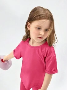 SHEIN Bộ quần dài và áo ngắn tay đơn giản thoải mái cho cô gái trẻ - Màu Hồng Tươi - Xem 3