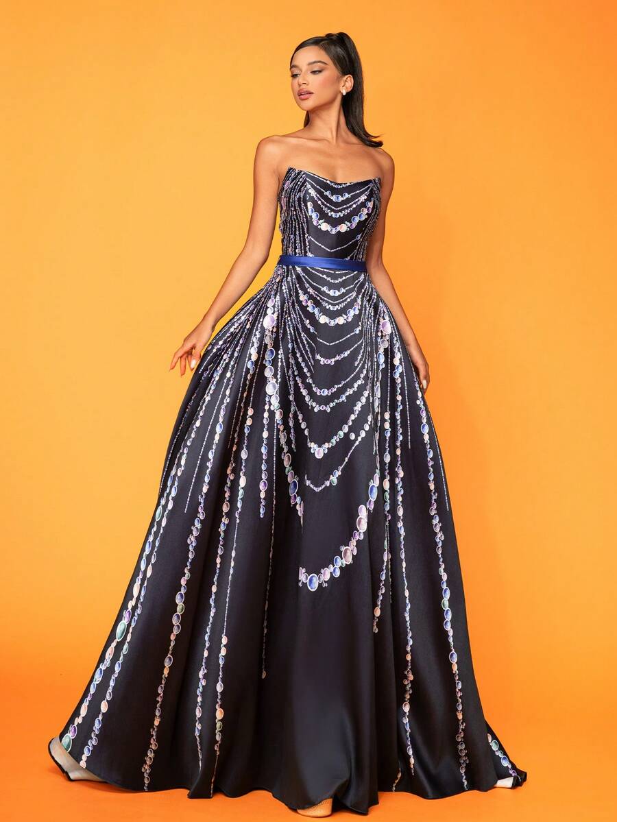 Women Elegant Beaded Print A-Line Cocktail Evening Dress