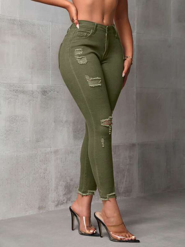 Distressed Slim Fit 7/8 Length Plain Distressed Denim Jeans