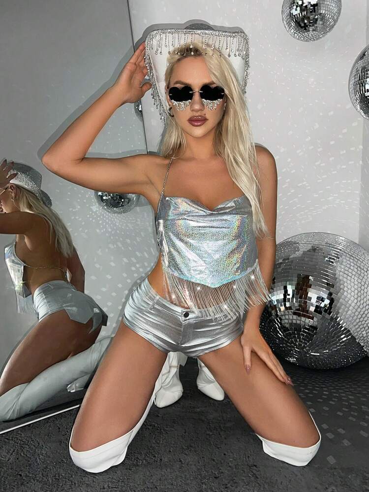 Y2k Summer Halter Neck Sparkly Tassel Triangle Hem Backless Crop Top For Music Festival & Party Outfits