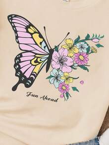 Áo thun ngắn tay họa tiết hoa và bướm đơn giản thường ngày cho cô gái Tween cho mùa hè - Màu Khaki - Xem 3