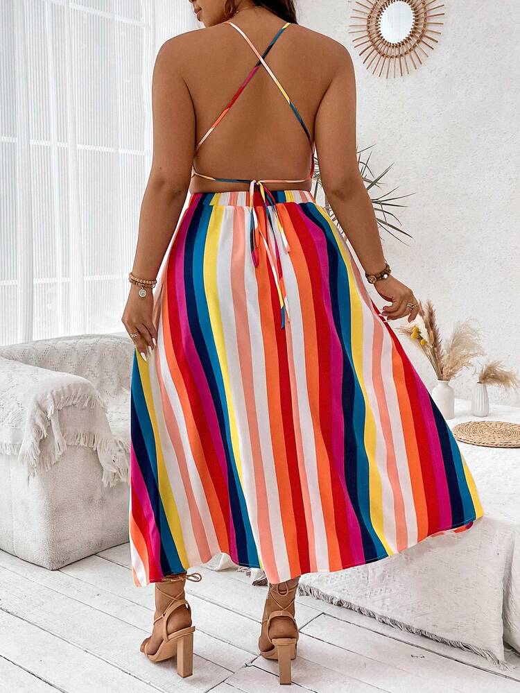 Plus Size Rainbow Striped High Slit Halter Backless Dress With Tied Straps